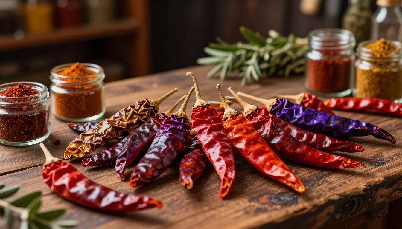 Dried chilies and spice jars on a rustic wooden table.