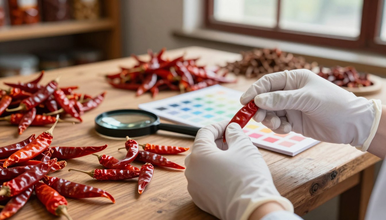 Gloved hands examining a red chili pepper near a color chart and magnifying glass on a wooden table.