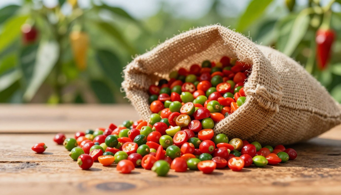 Colorful peppers spilling from burlap sack on wooden table.