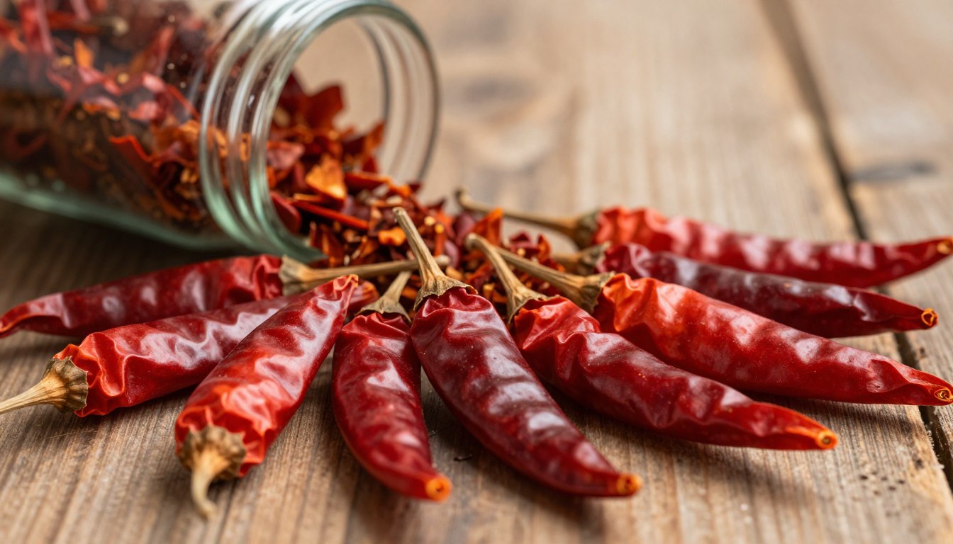 Spilled dried red chilies and a glass jar on wooden surface.