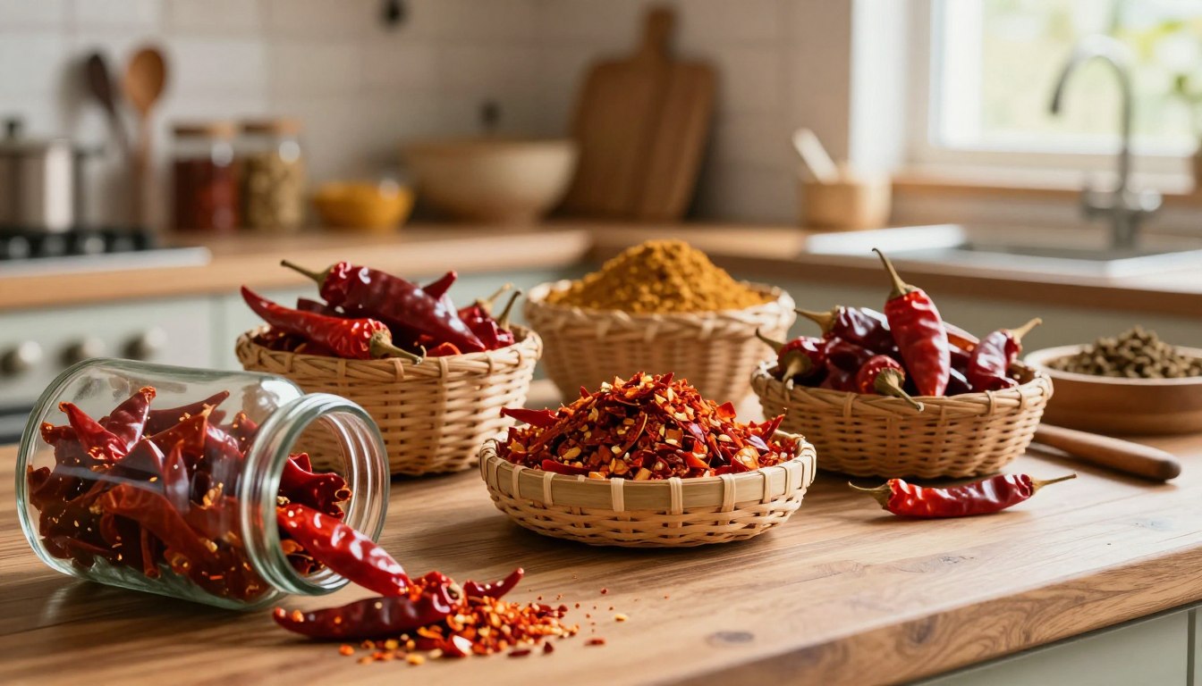 Spices on kitchen counter: dried and crushed red chilies in baskets and jar.