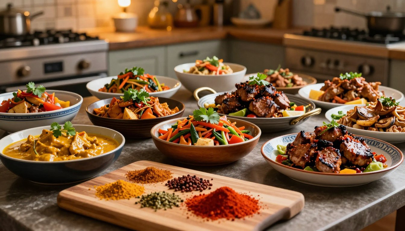 Assorted colorful dishes of curry, grilled meat, and stir-fried vegetables on a kitchen countertop.