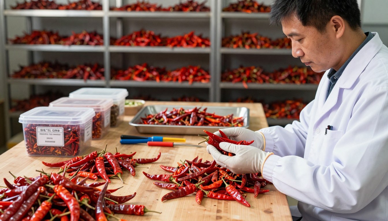 Scientist sorting red chili peppers on a wooden table.