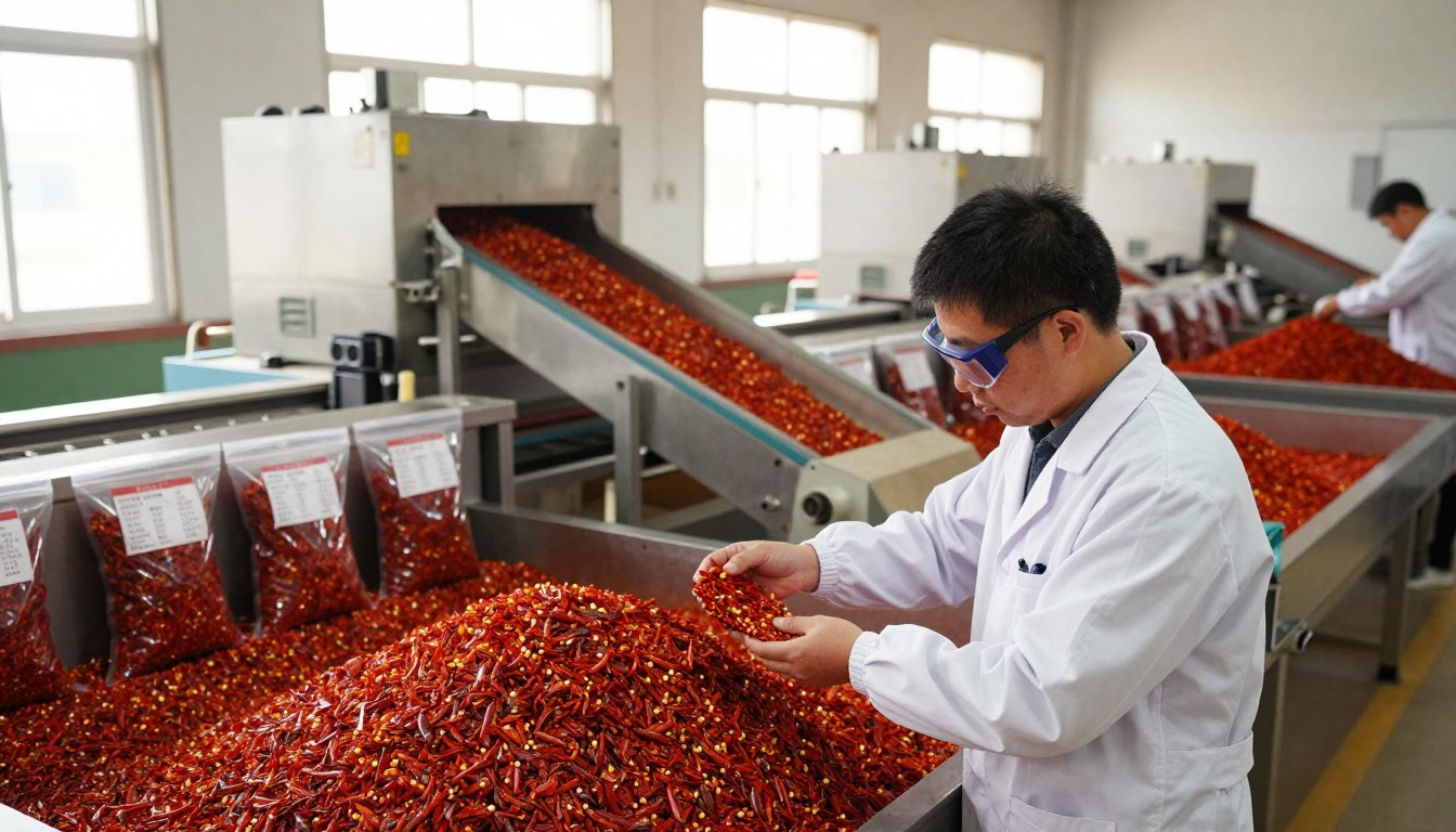 Factory worker inspecting dried chili peppers on a conveyor belt.