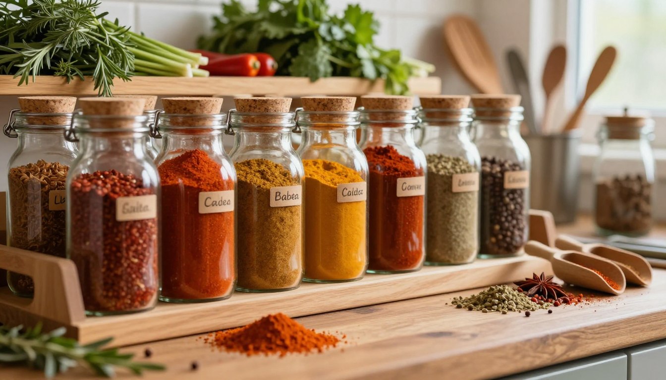 Assorted spice jars on a wooden rack in a kitchen setting.