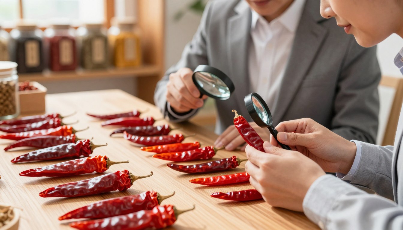 Inspecting red chili peppers with magnifying glasses on a wooden table.