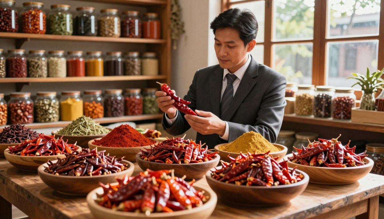 Man examining dried chili peppers in a spice shop with bowls of spices and jars in the background.