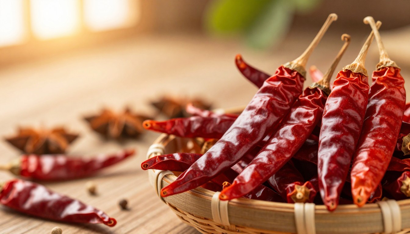 Dried red chili peppers in a woven basket, with star anise and peppercorns on a wooden surface.