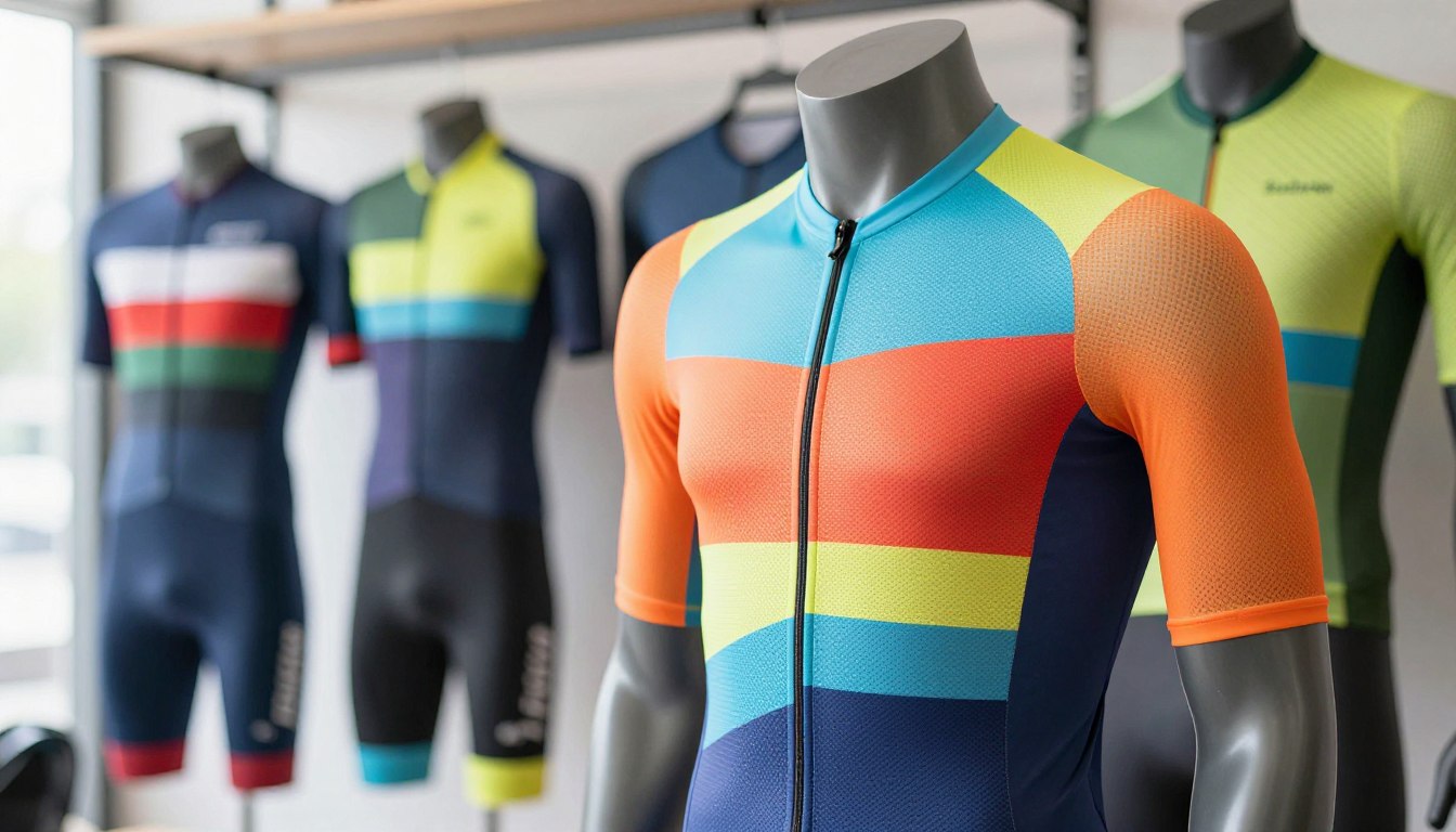 Camisetas de ciclismo coloridas em manequins em uma vitrine de loja.
