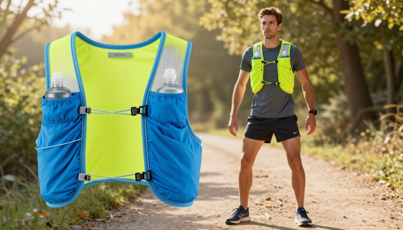Running hydration vest with water bottles, designed for outdoor activities, displayed in a park setting.