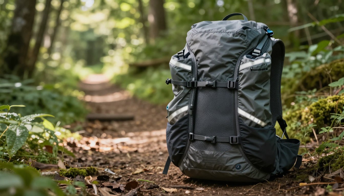 Gray hiking backpack resting on a forest trail surrounded by greenery.