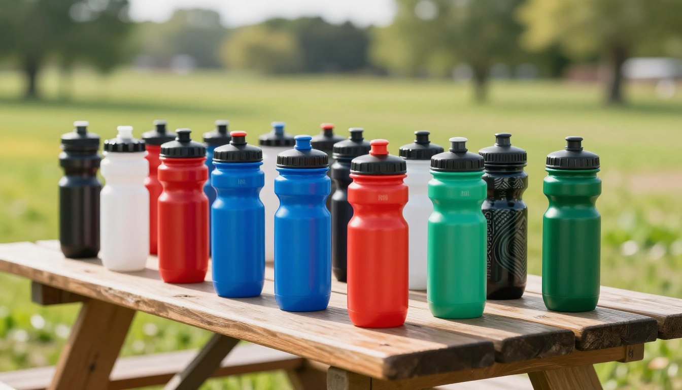 Colorful water bottles on a picnic table in a park setting.