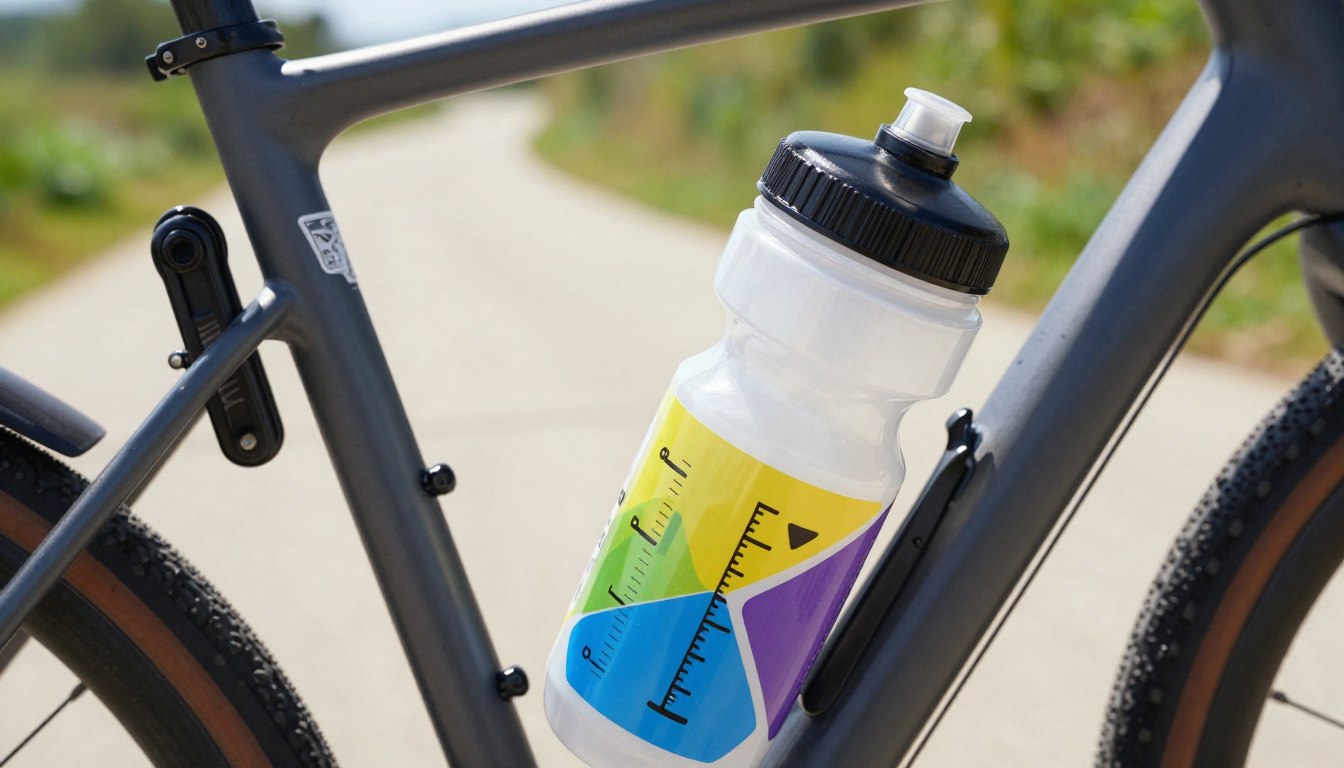 Water bottle with a colorful design secured to a gray bicycle frame on a sunny outdoor path.