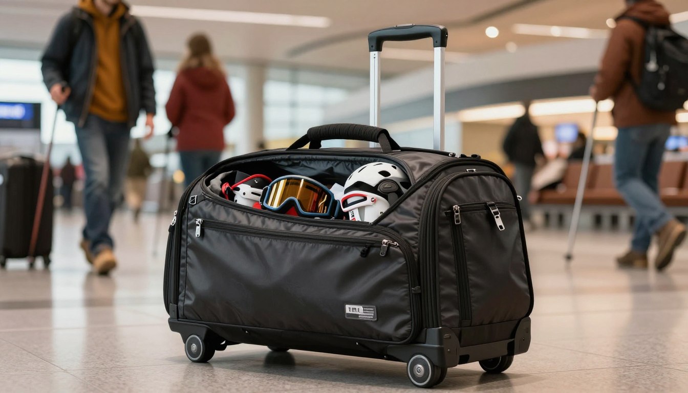 Rolling travel bag with ski goggles and helmet in an airport terminal, surrounded by travelers.