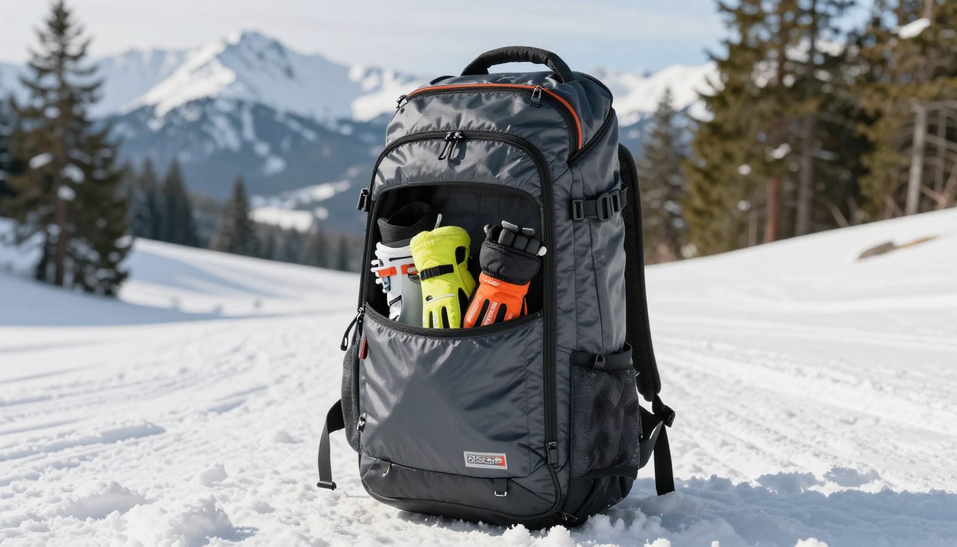 Backpack with ski gloves and gear on snowy mountain slope.