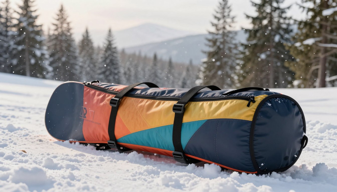 Colorful snowboard bag resting on snowy ground with a forest and mountains in the background.