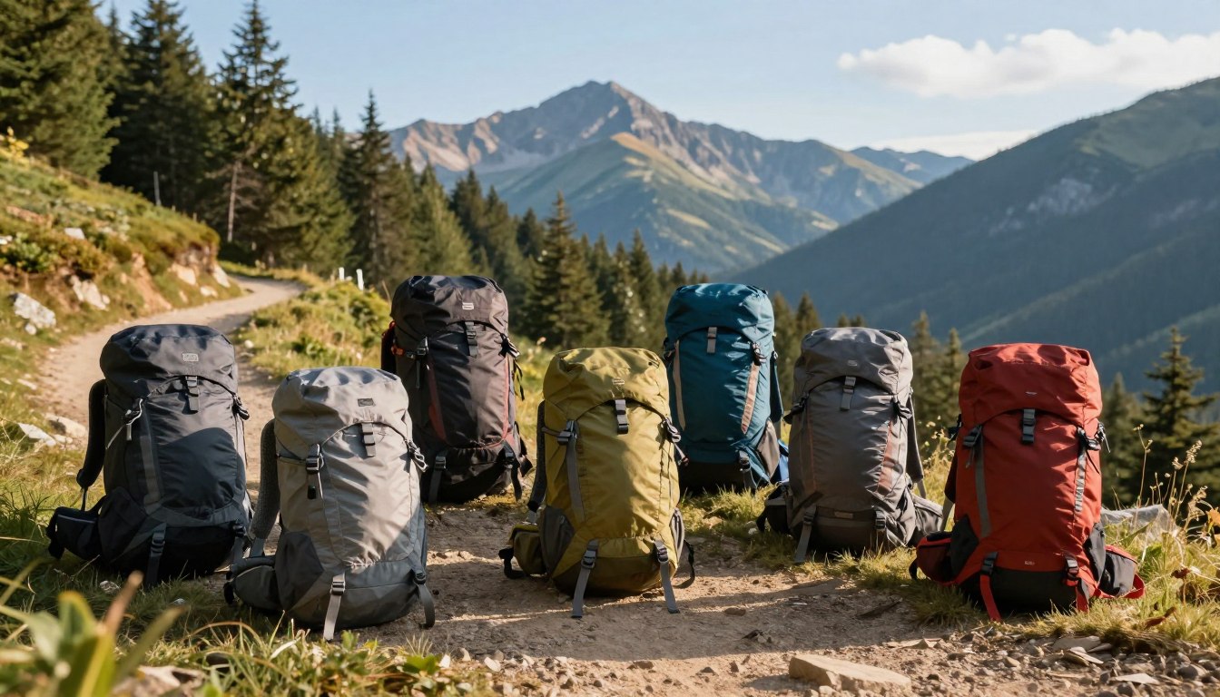 Colorful backpacks lined up on a mountain trail with scenic views.