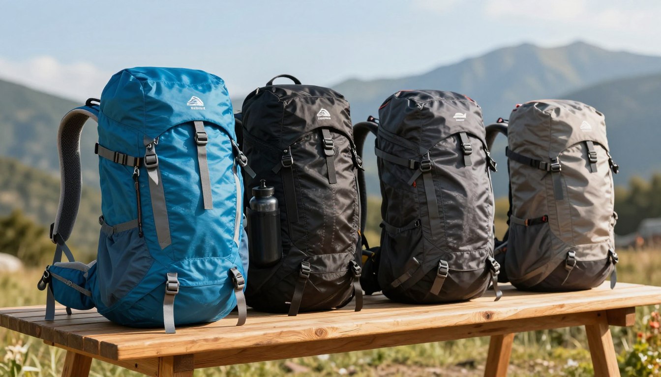 Four hiking backpacks in blue, black, and gray on a wooden table with mountains in the background.