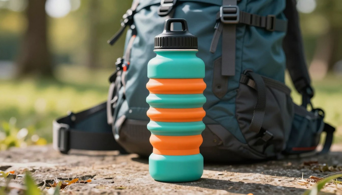Collapsible teal and orange water bottle on a rock, placed next to a hiking backpack outdoors.