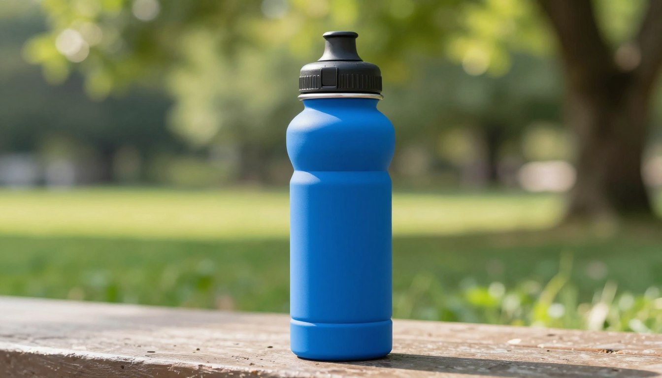 Blue water bottle with a black cap on a wooden bench, set against a blurred green park background.