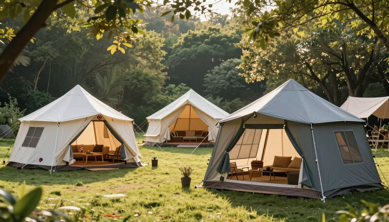 Glamping tents set up in a lush, sunlit forest clearing.
