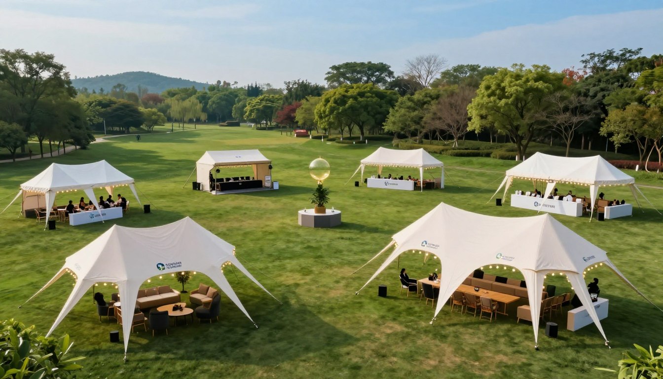 Outdoor event with tents on a grassy field, surrounded by trees, under a clear sky.