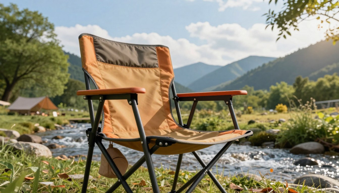 Camping chair by a stream with mountains and tents in the background.