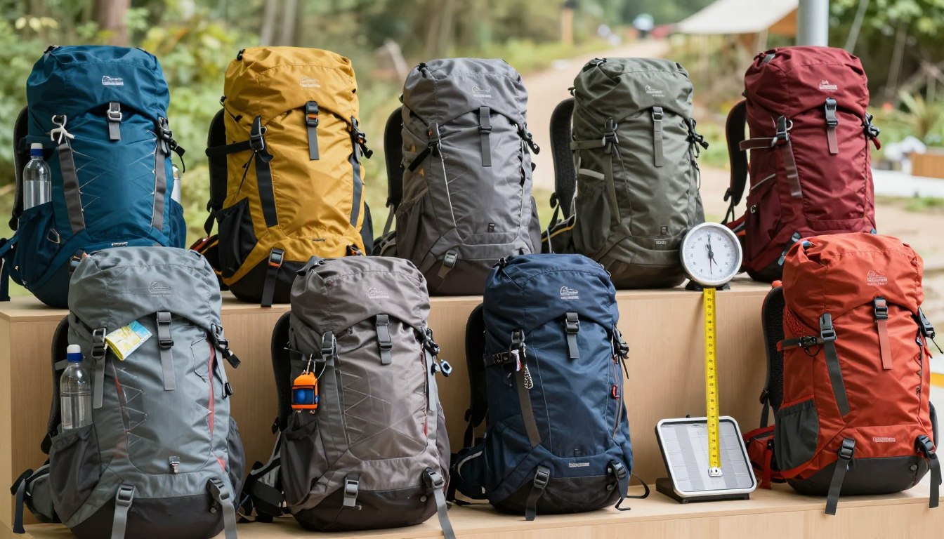 Various colorful hiking backpacks displayed with outdoor gear.