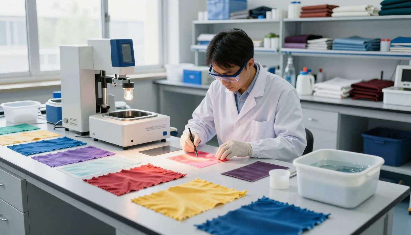 Scientist testing fabric samples under a lab light, surrounded by colorful cloth swatches.