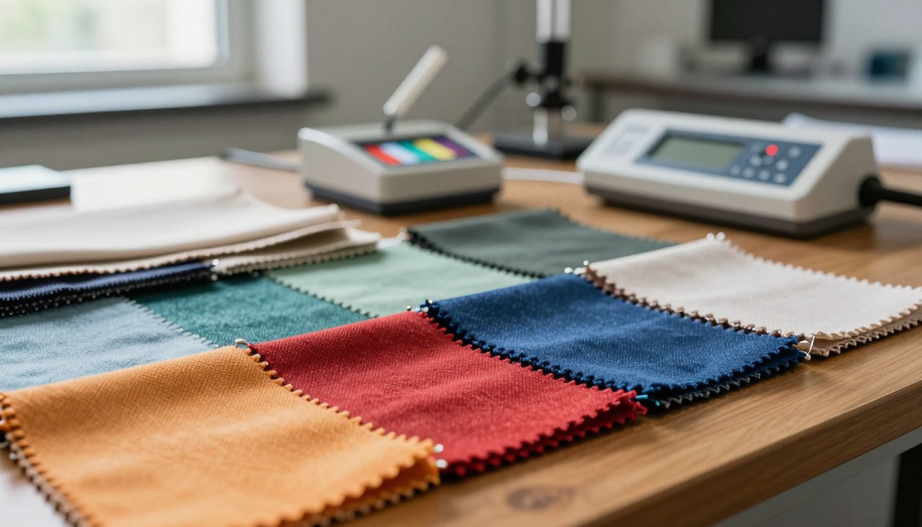Fabric swatches on a table with color analysis devices in the background.