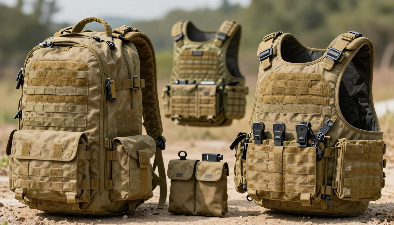 Tactical gear set with backpack, vest, and pouches on outdoor terrain.