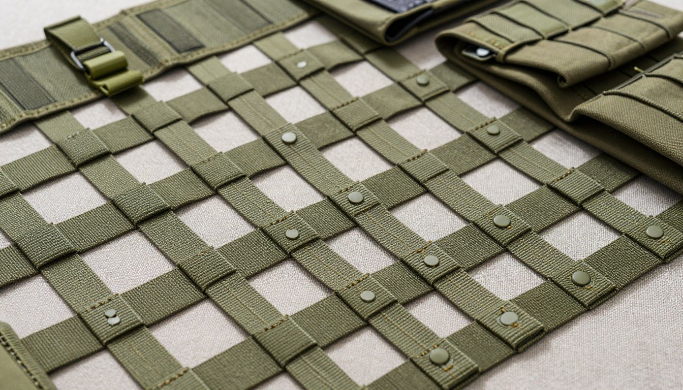Green tactical MOLLE webbing panel with straps and pouches, designed for gear attachment.