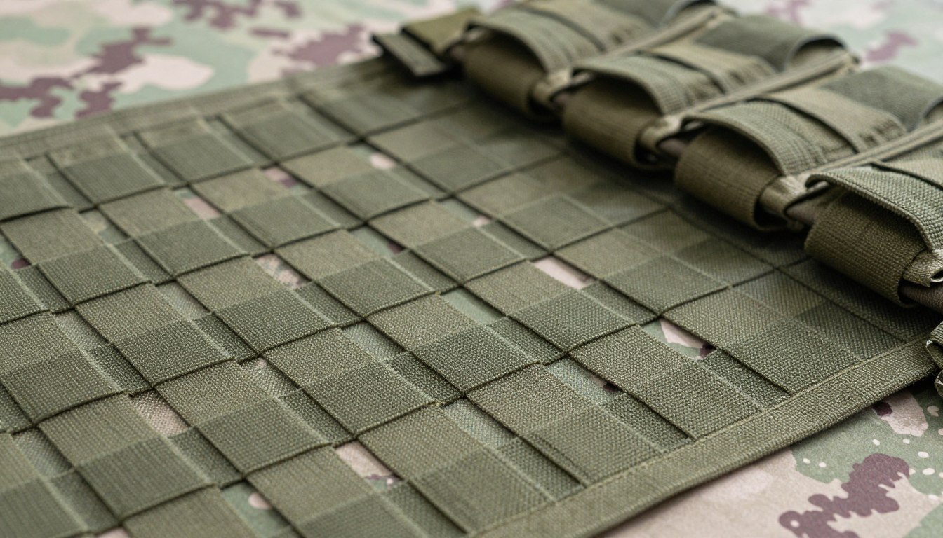 Green tactical MOLLE webbing on a camouflage surface.