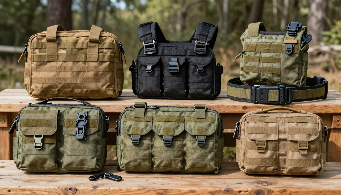 Tactical gear display featuring pouches, vests, and a belt in tan, green, and black on a wooden table.