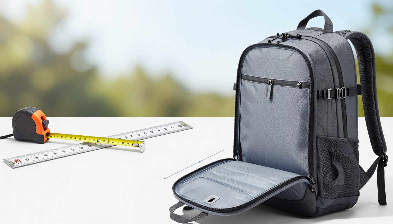 Gray backpack with open front pocket displayed on a table next to a tape measure and ruler.