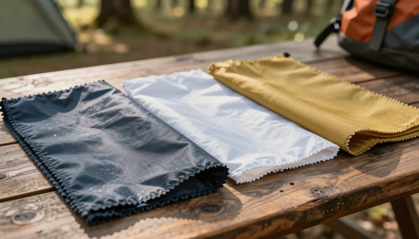 Three folded fabrics in black, white, and yellow on a wooden picnic table outdoors.