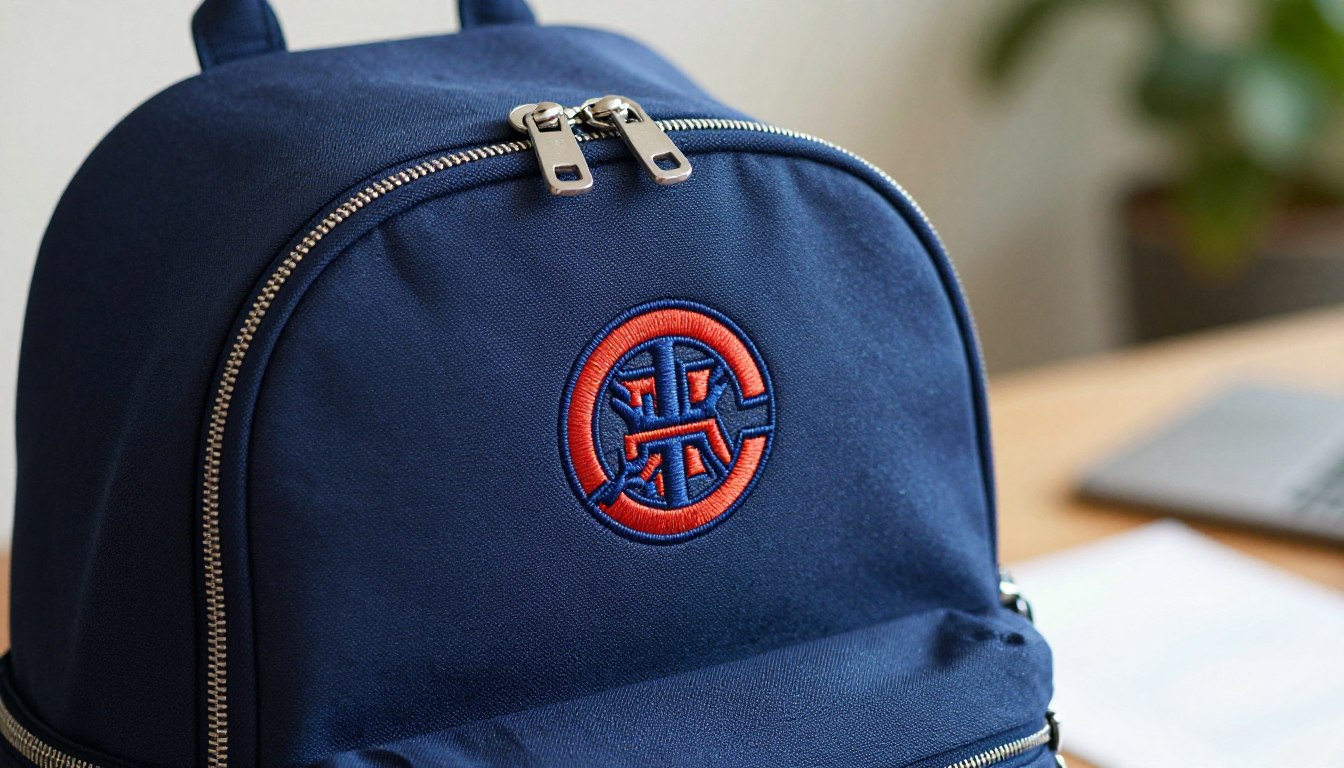Navy blue backpack with a red and blue embroidered logo, sitting on a desk.