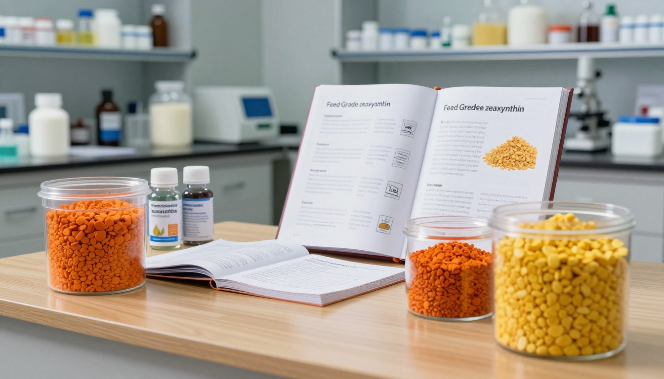 Open book on zeaxanthin next to jars of orange and yellow granules in a lab setting.
