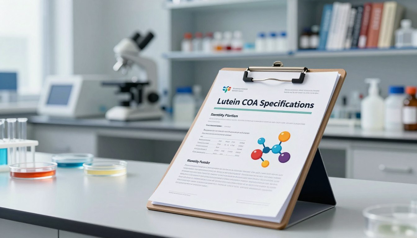 Lutein COA document on a clipboard in a laboratory setting with test tubes and a microscope.