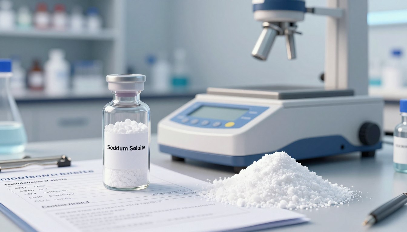 Sodium selenite vial, powder, lab equipment, and research document on a laboratory table.