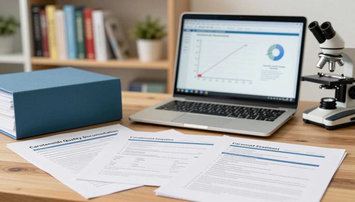 Laptop with charts, microscope, documents, and binder on desk.