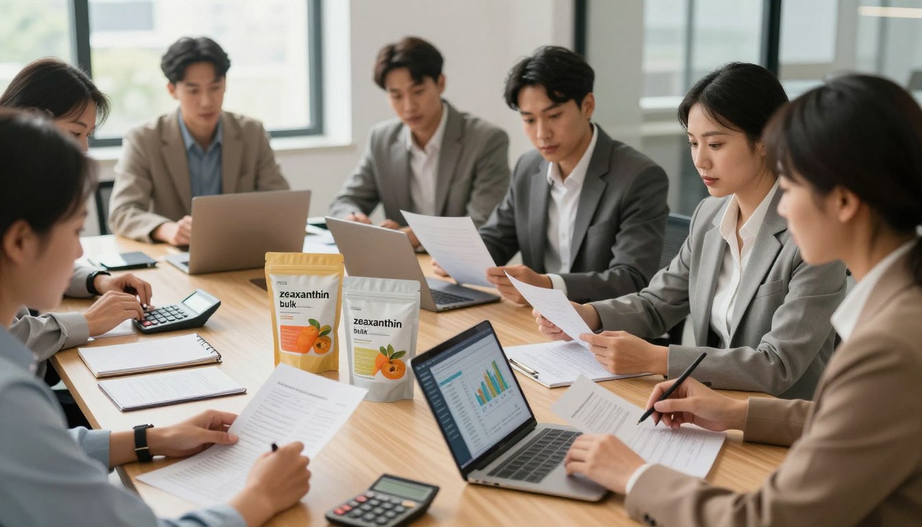 Team meeting with laptops, documents, and zeaxanthin supplement packs on the table.