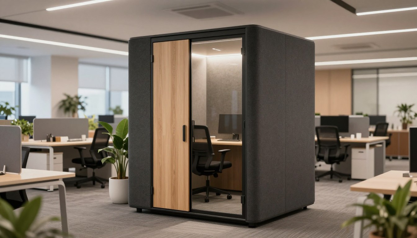 Soundproof office pod with wooden door and glass panel, placed in a modern open-plan workspace.