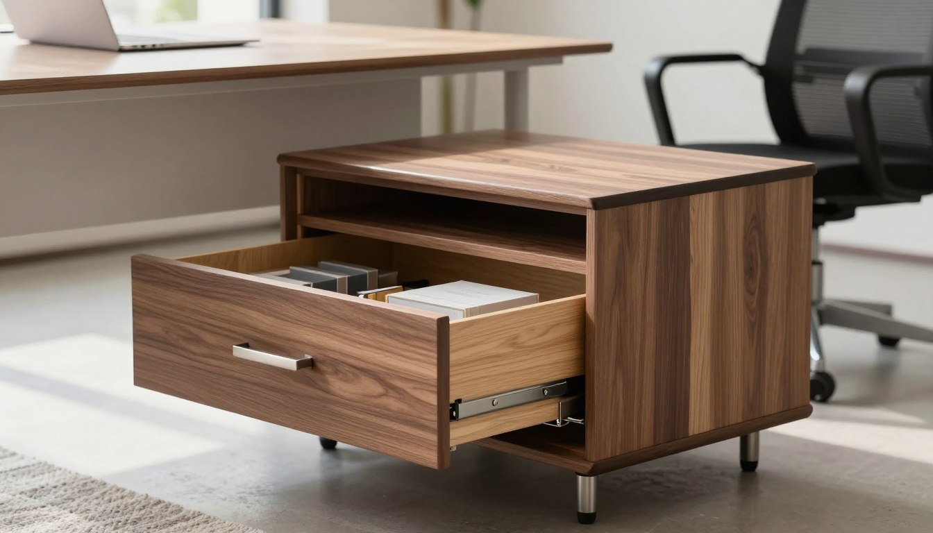 Wooden office cabinet with an open drawer filled with files.
