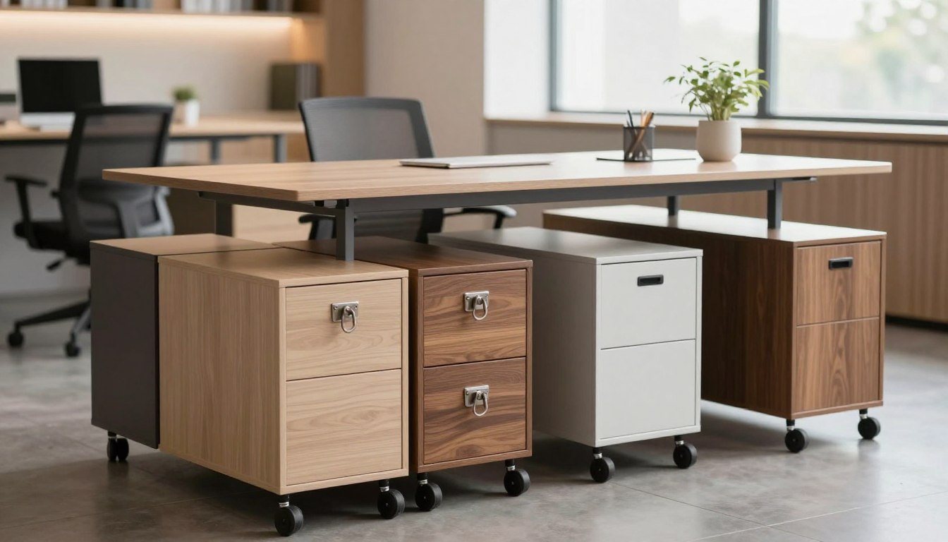 Modern office desk with rolling drawers, chair, and plant in bright workspace.
