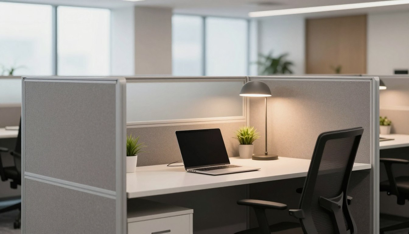 Office cubicle with laptop, desk lamp, and potted plants.