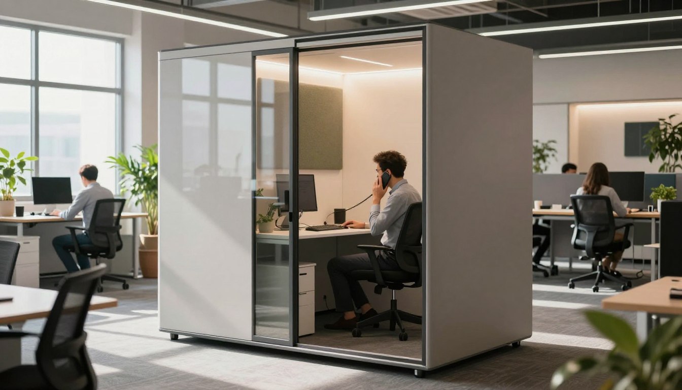 Man working in a modern office pod, surrounded by open workspace desks.