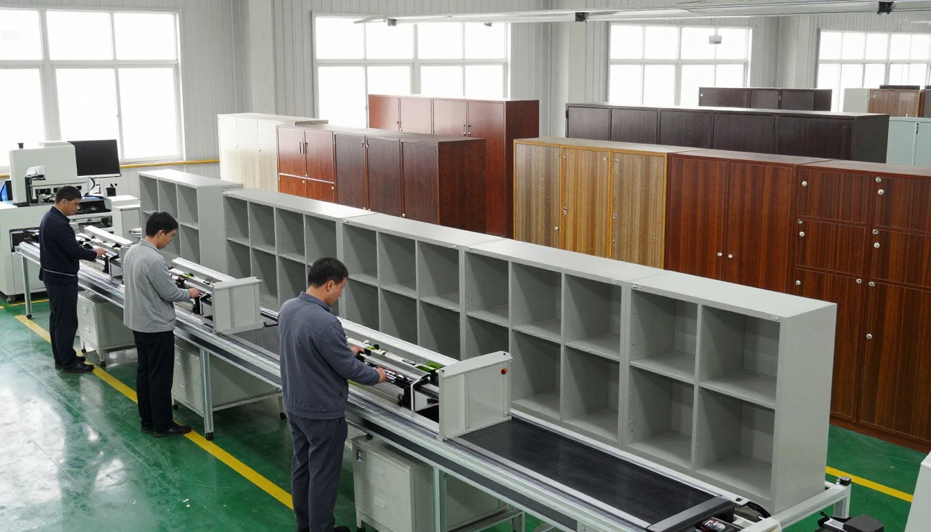 Workers assembling cabinets in a factory setting.