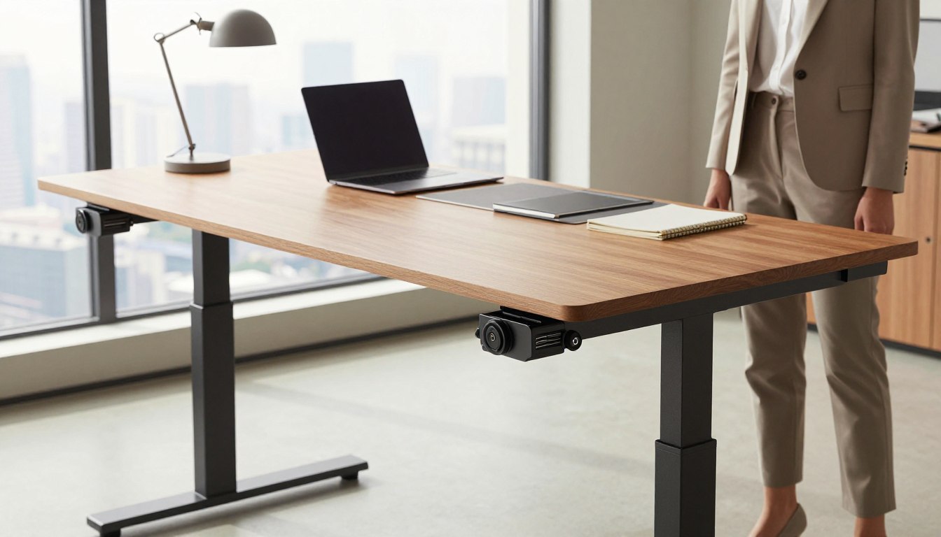 Modern office desk with laptop, lamp, and notebook.