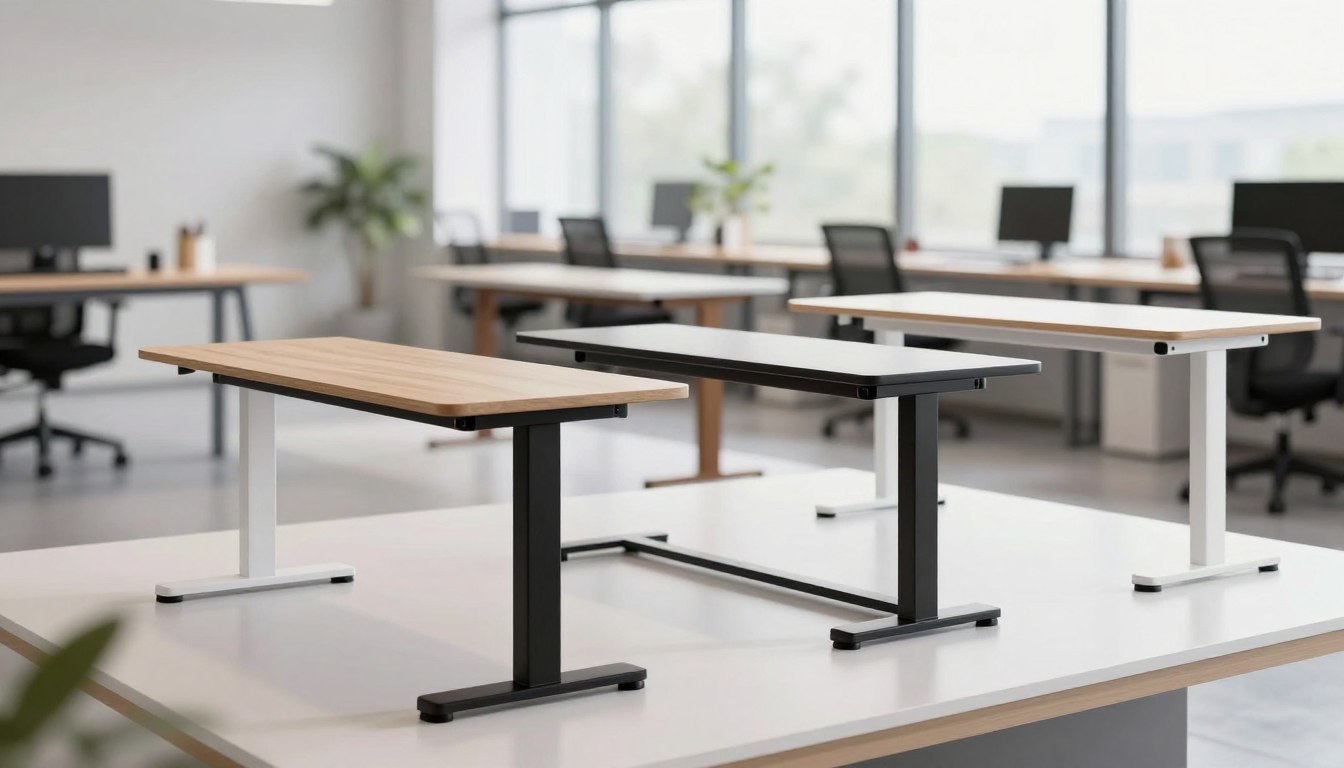 Adjustable-height desks in a modern, spacious office with natural light and greenery.